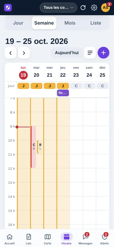 Vue semaine de l'horaire avec les quarts de jour et de nuit