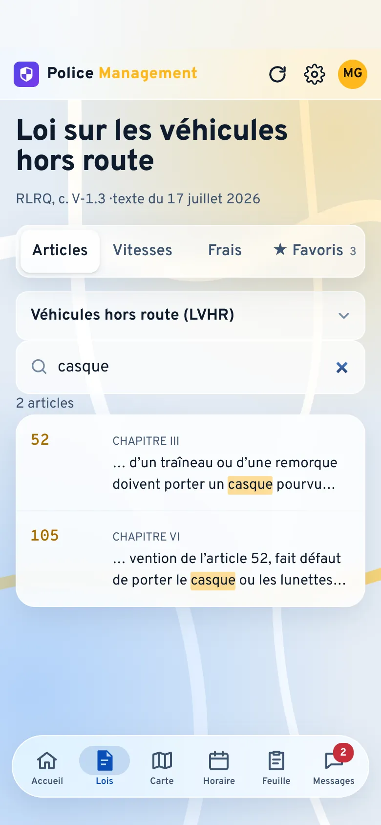 Recherche dans la Loi sur les véhicules hors route